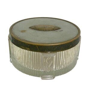 Vintage Cosmetic Trinket Jar MCM Glass Ribbed w/ Metal lid circa 1930's - 50's